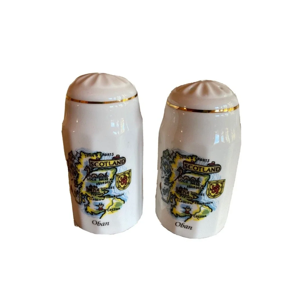 Salt Pepper Shaker White Scotland Map Oban Bone China Gold Trim Set